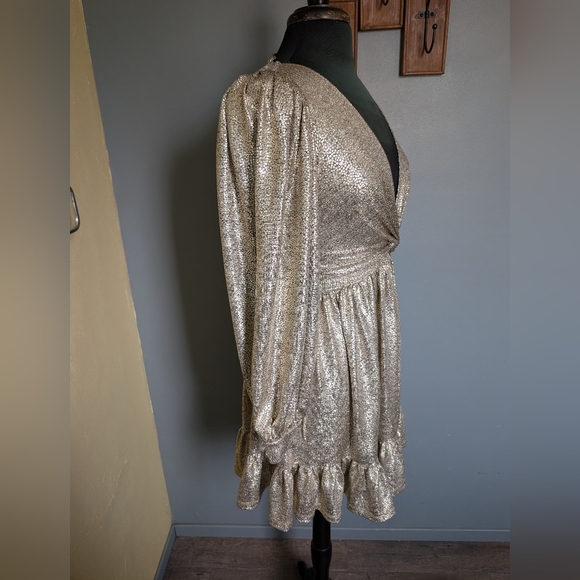 Skies Are Blue Gold Ruffled Wrap Mini Dress Women's Size Small - Picture 9 of 16